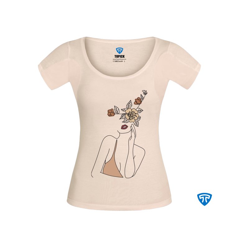 تیشرت ضدتعریق زنانه کرم طرح دختر و گل