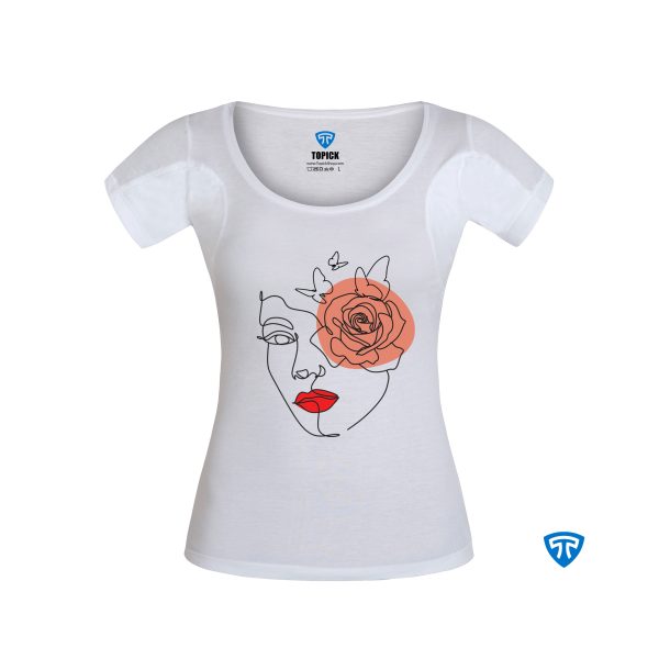 تیشرت ضدتعریق زنانه سفید طرح چهره و گلبرگ