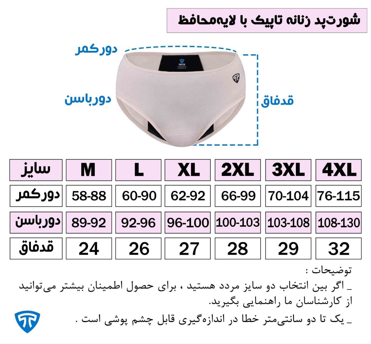 جدول راهنمای سایز شورت پد جدول سایز شورت پد کرم