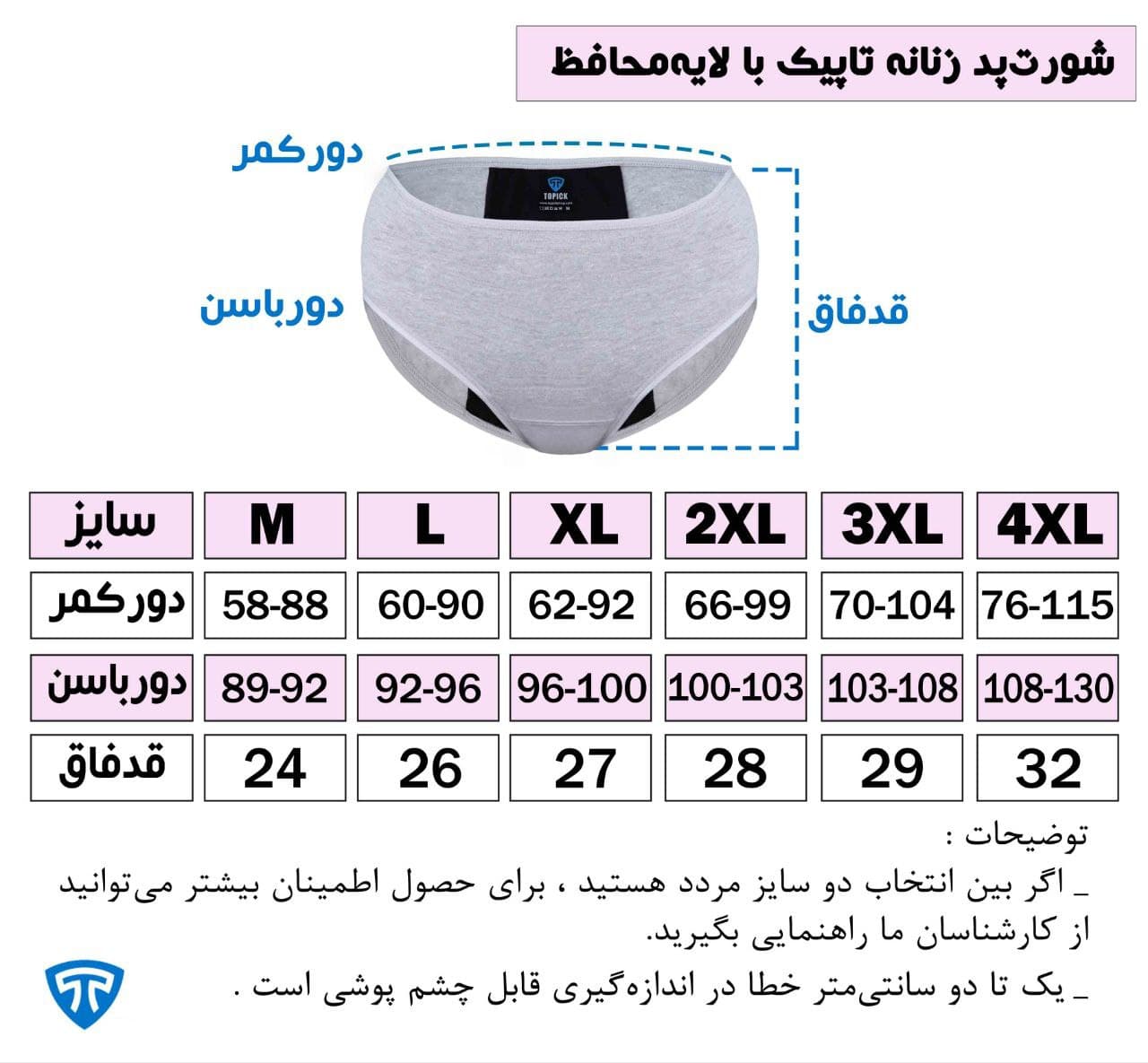 جدول سایز شورت پد ملانژ