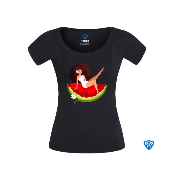 تیشرت ضدتعریق زنانه مشکی طرح دختر نشسته مو فرفری