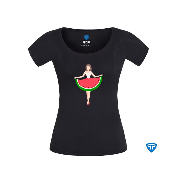 تیشرت ضدتعریق زنانه مشکی طرح دختر دامن هندونه ای (تاپ سفید)