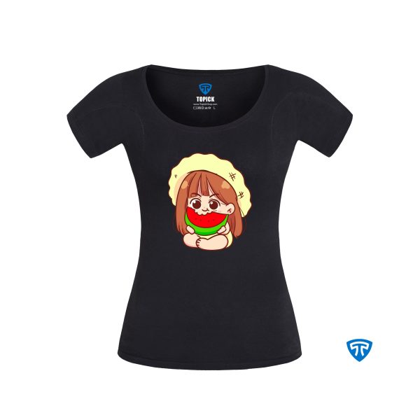 تیشرت ضدتعریق زنانه مشکی طرح دختر بچه کلاه زرد