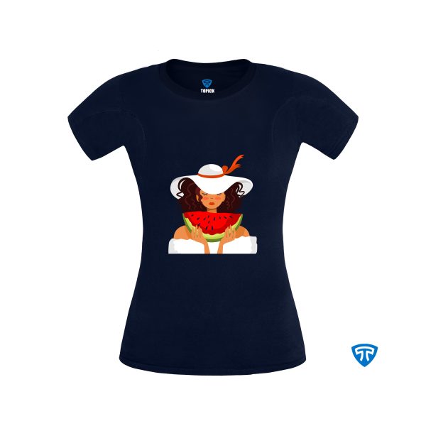 تیشرت ضدتعریق زنانه سورمه ای طرح دختر کلاه سفید