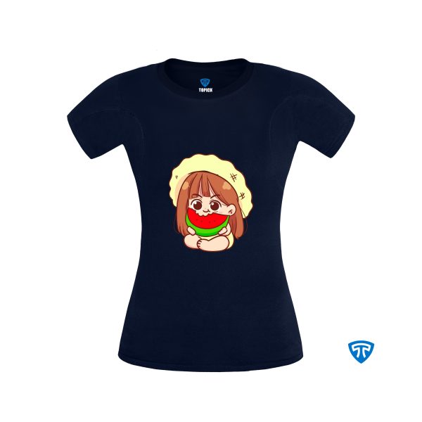 تیشرت ضدتعریق زنانه سورمه ای طرح دختر بچه کلاه زرد