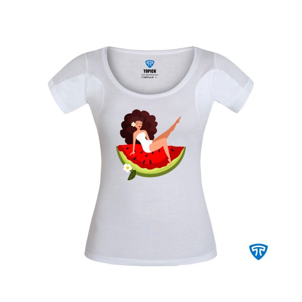 تیشرت ضدتعریق زنانه سفید طرح دختر نشسته مو فرفری