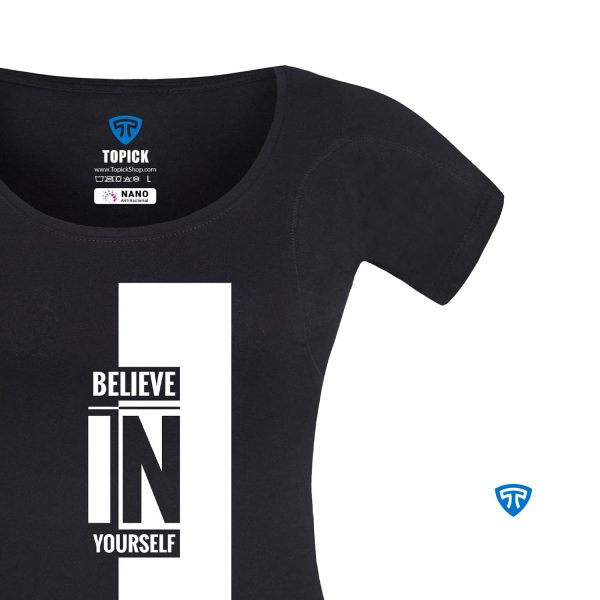 تیشرت نانو آنتی باکتریال ضد تعریق زنانه مشکی طرح believe تاپیک