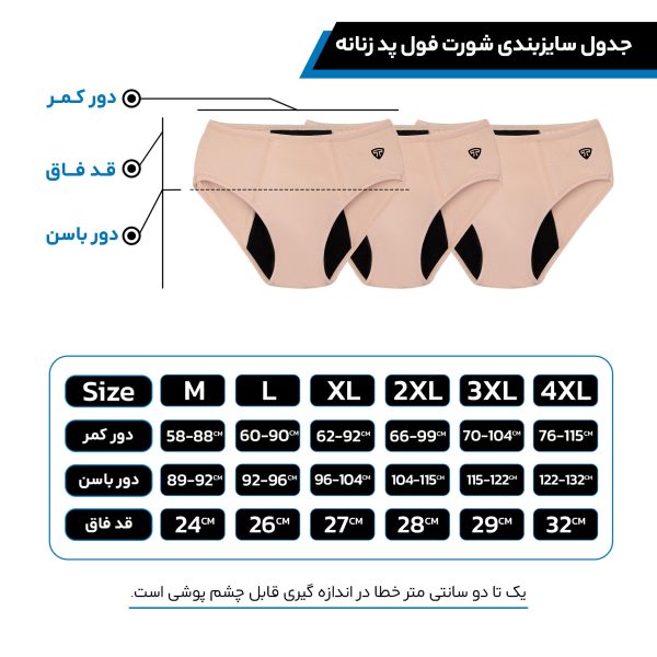 جدول سایزبندی شورت فول پد پریودی